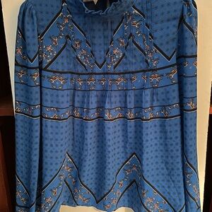 Maison d’Amelie Paris, ladies blouse, Small, French Blue, Ruffle stand up collar